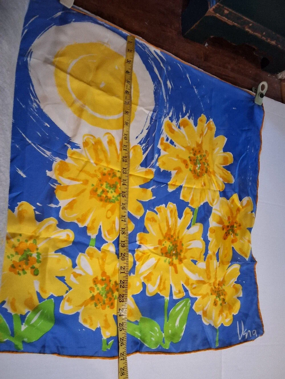 Vera Neumann Silk Scarf Blue Yellow Floral Sun Print Vintage Signed Square Scarf